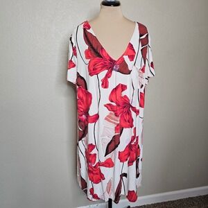 Soma Cool Nights Sleep Shirt  XXL Red White Tropical V-Neck Nightgown Pocket